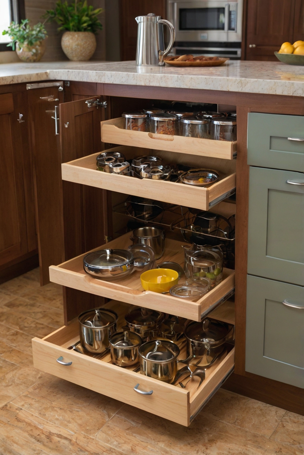 Kitchen organization, cabinet storage, space-saving solutions, pantry organization, maximizing kitchen space, kitchen decluttering, cabinet organizers