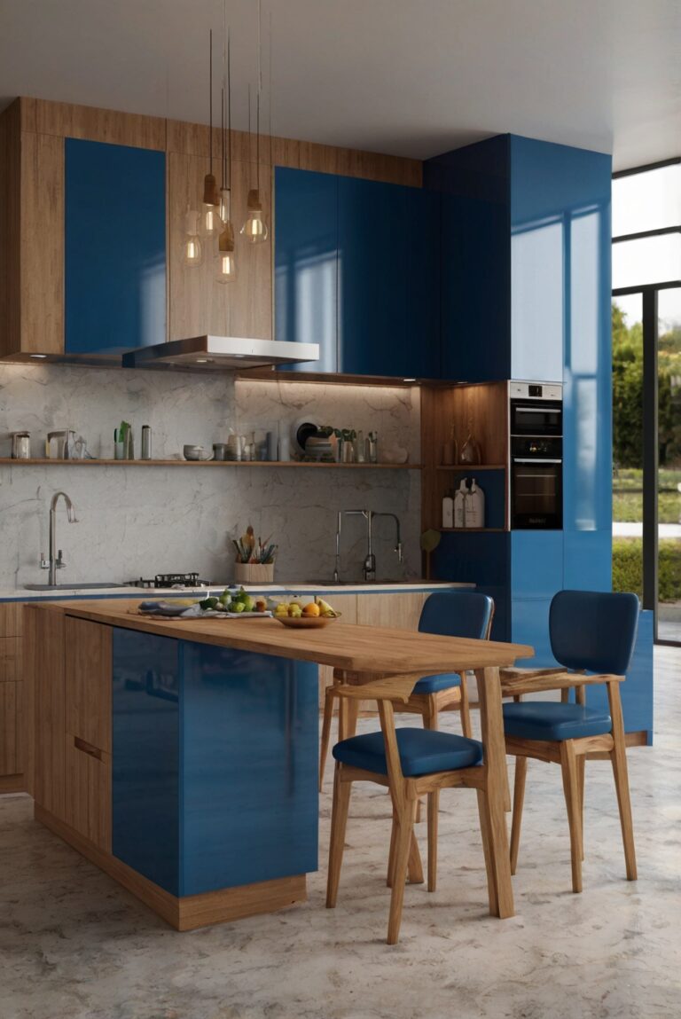 Achieve a Modern Look with a Blue and Wood-themed Kitchen