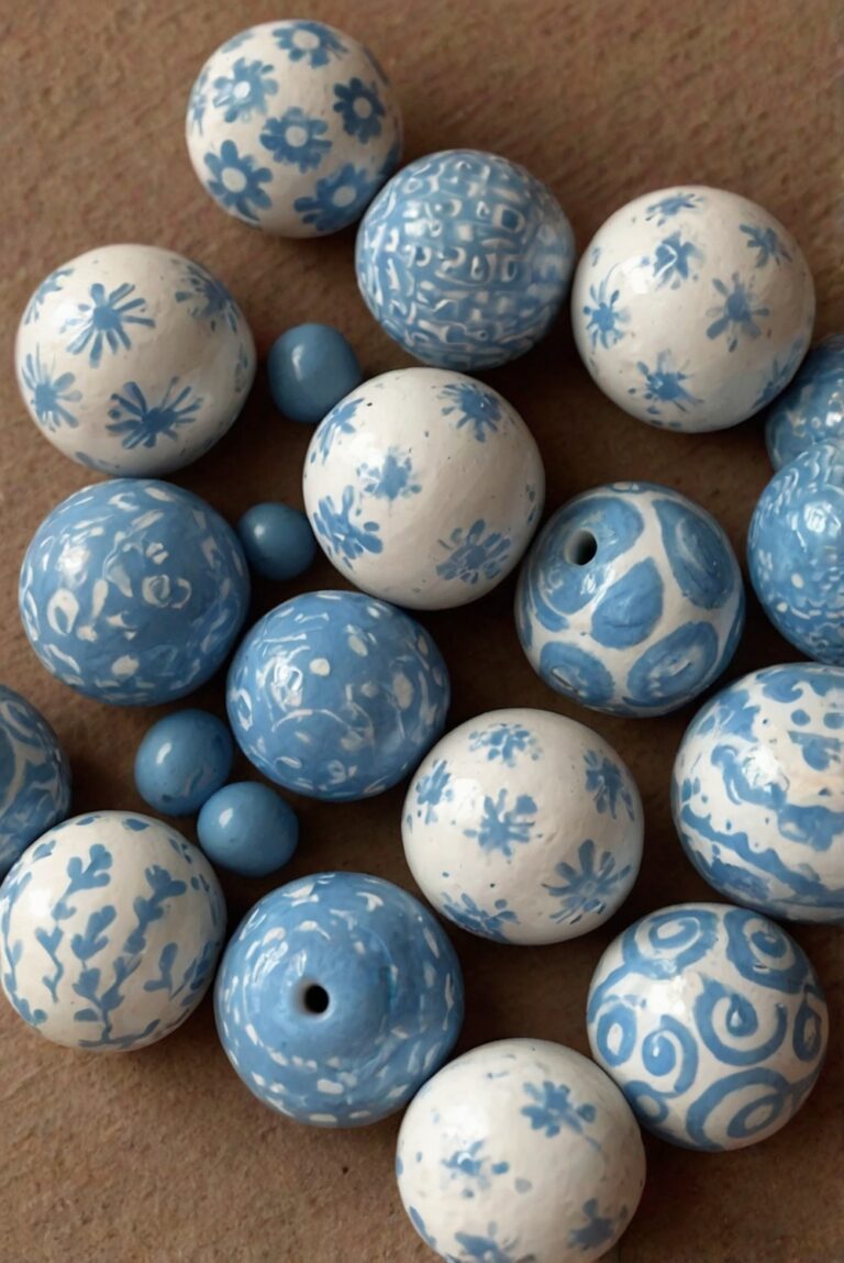 Beautiful Clay Beads Ideas with White and Blue Paint.