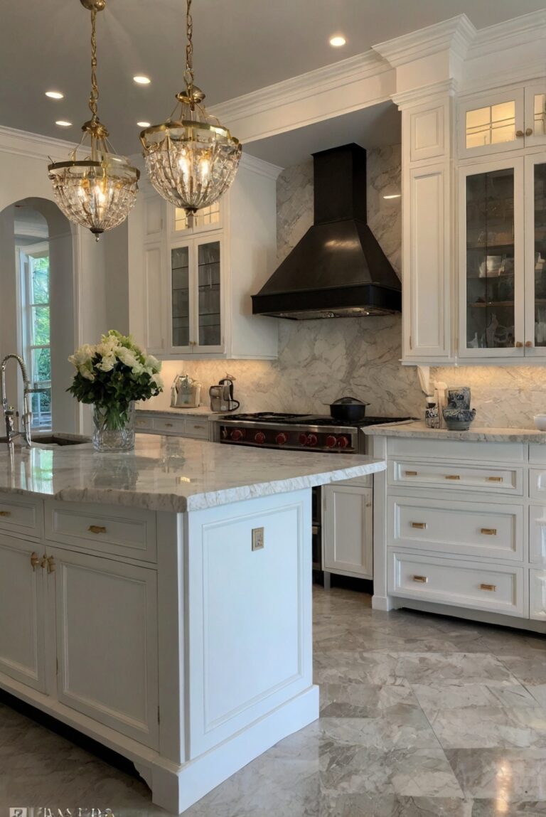 Classic Contrast: White Dove Cabinetry Against Taj Mahal Quartzite for Timeless Appeal