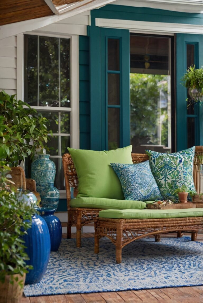 porch decor, summer decorating, blue and green decor, outdoor decor, porch design, patio furniture, outdoor living area, summer porch design