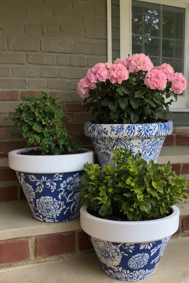 DIY Outdoor Flower Pots Using Sherwin Williams Blue and White.