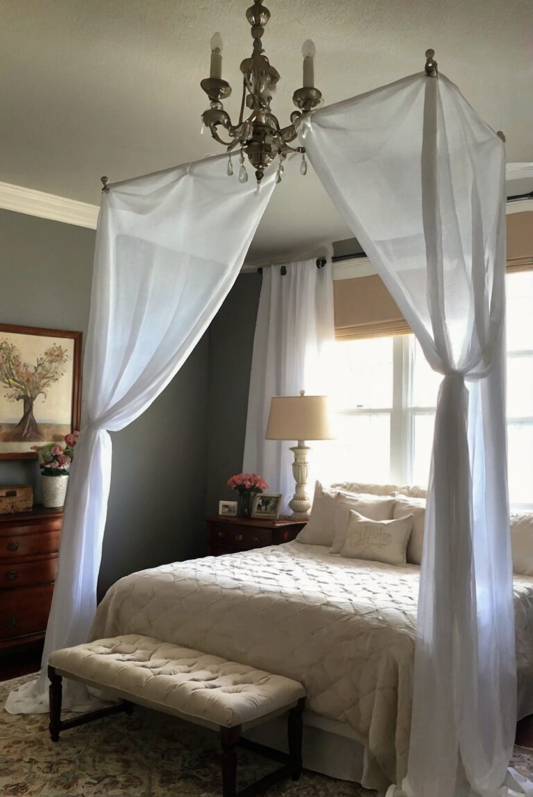 Elegant DIY Bed Canopy Using Sherwin Williams White Paint.