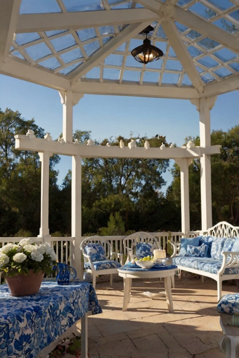 Elegant Outdoor Gazebo Ideas with White and Blue Decor.