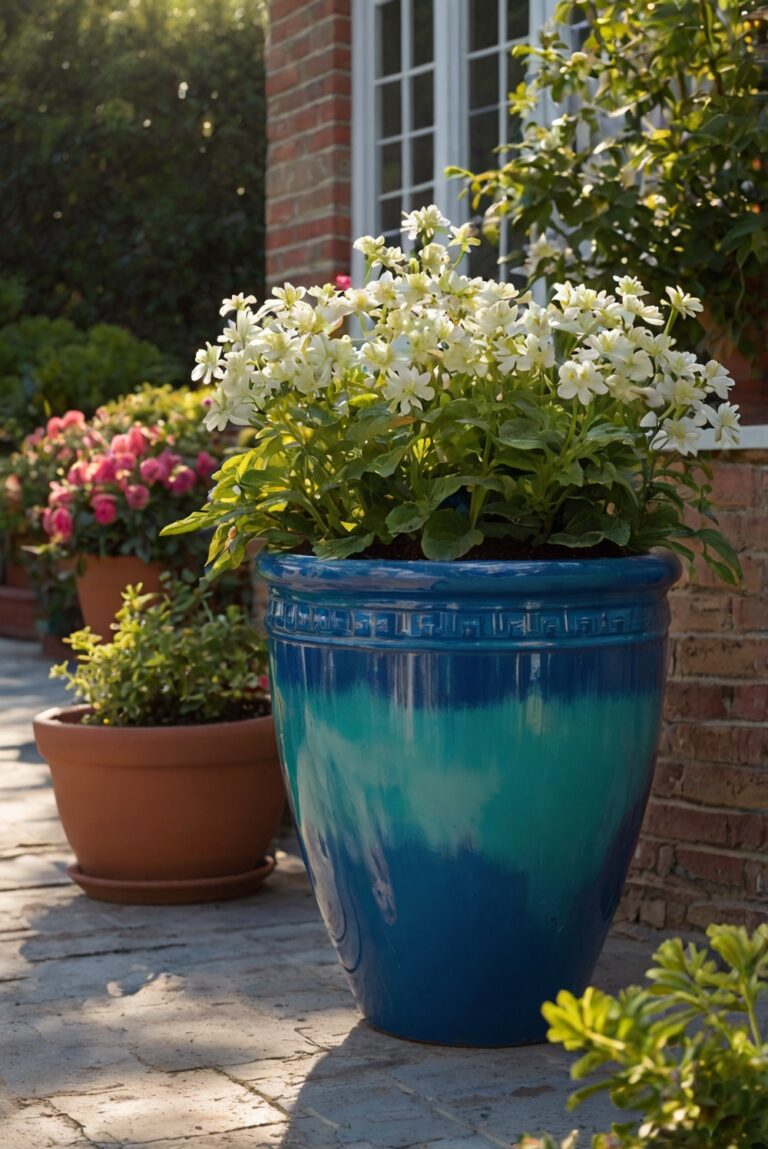 Gorgeous Potted Flowers for Patio with Blue and Green Paint.