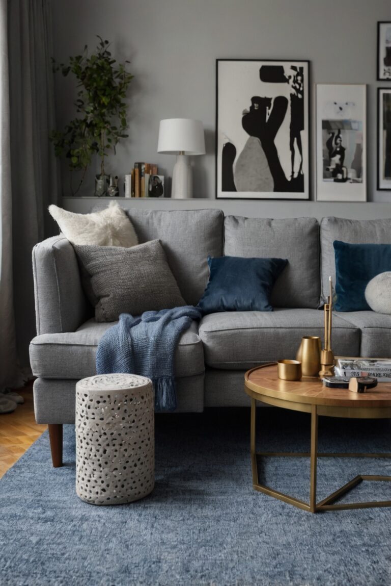 How can I style a grey sofa with blue carpet?