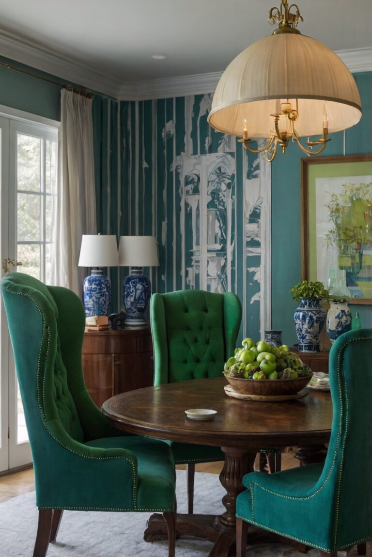 How can you incorporate blue and green into your dining room decor?