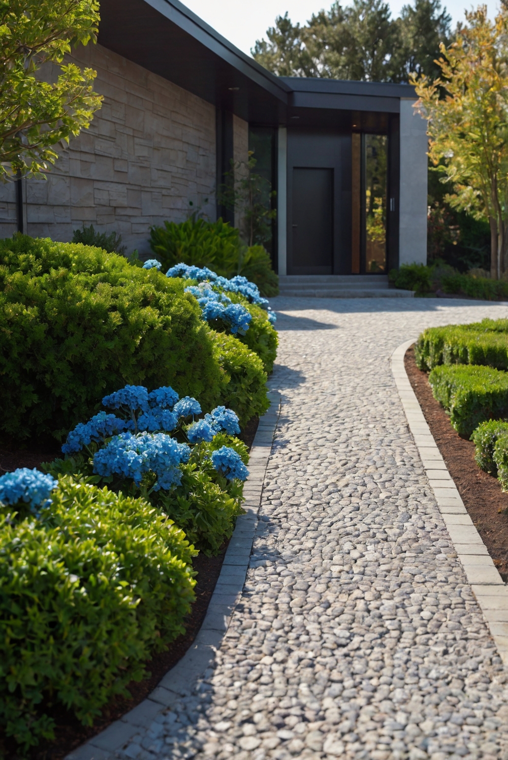 modern driveway landscaping, driveway entry design, green shrubs landscaping, blue flowers driveway, landscaped driveway ideas, modern outdoor landscaping, driveway planting ideas