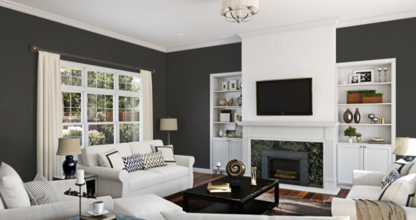 Sherwin Williams Iron Ore (SW 7069)
A deep charcoal gray that provides a sleek, contemporary look, complementing dark sectional couches and creating a chic, cozy environment.