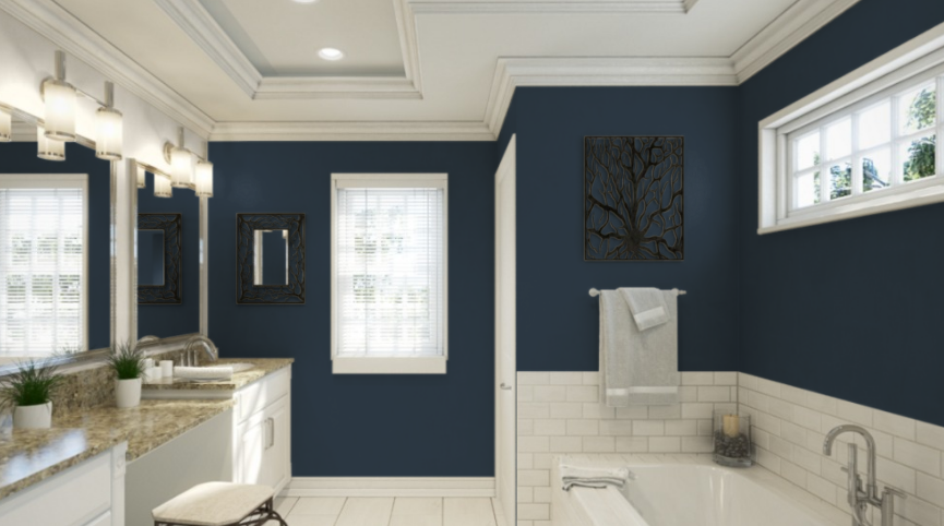 Sherwin Williams Naval (SW 6244)
A deep, classic navy blue that adds richness and depth, making it an elegant choice for pairing with dark sectional couches in a sophisticated living room.