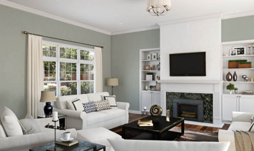 Sherwin Williams Oyster Bay (SW 6206)
A muted green with a touch of blue, adding depth and calmness while complementing soft sage hues to create a harmonious, relaxing living room.