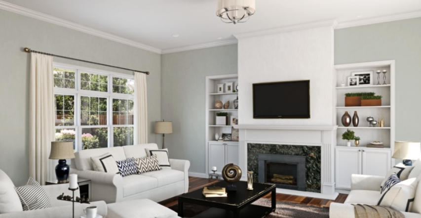 Sherwin Williams Silver Strand (SW 7057)
A light, silvery-gray with subtle blue-green undertones, offering a cool and tranquil backdrop that pairs harmoniously with Blue Smoke for a serene setting.