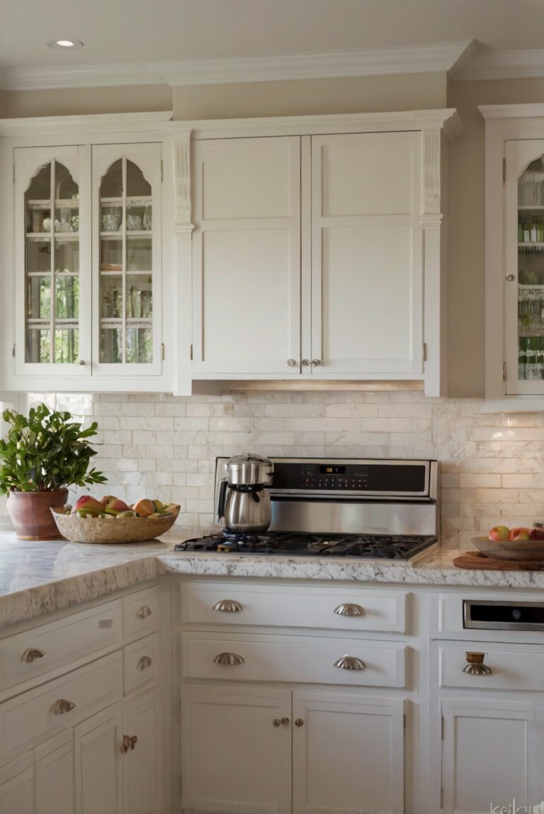 Sophisticated Simplicity: White Dove Cabinets and Taj Mahal Countertops for a Clean Look