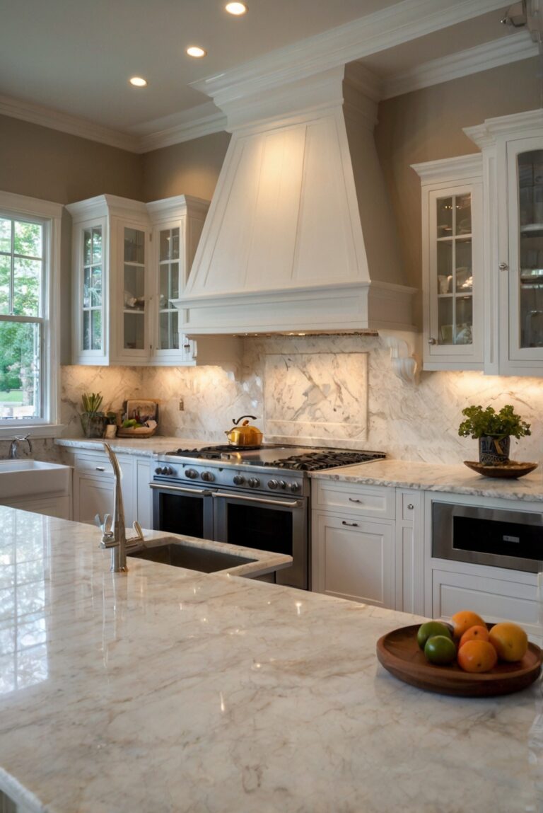 Timeless Elegance: Combining White Dove Cabinets with Taj Mahal Quartzite Countertops