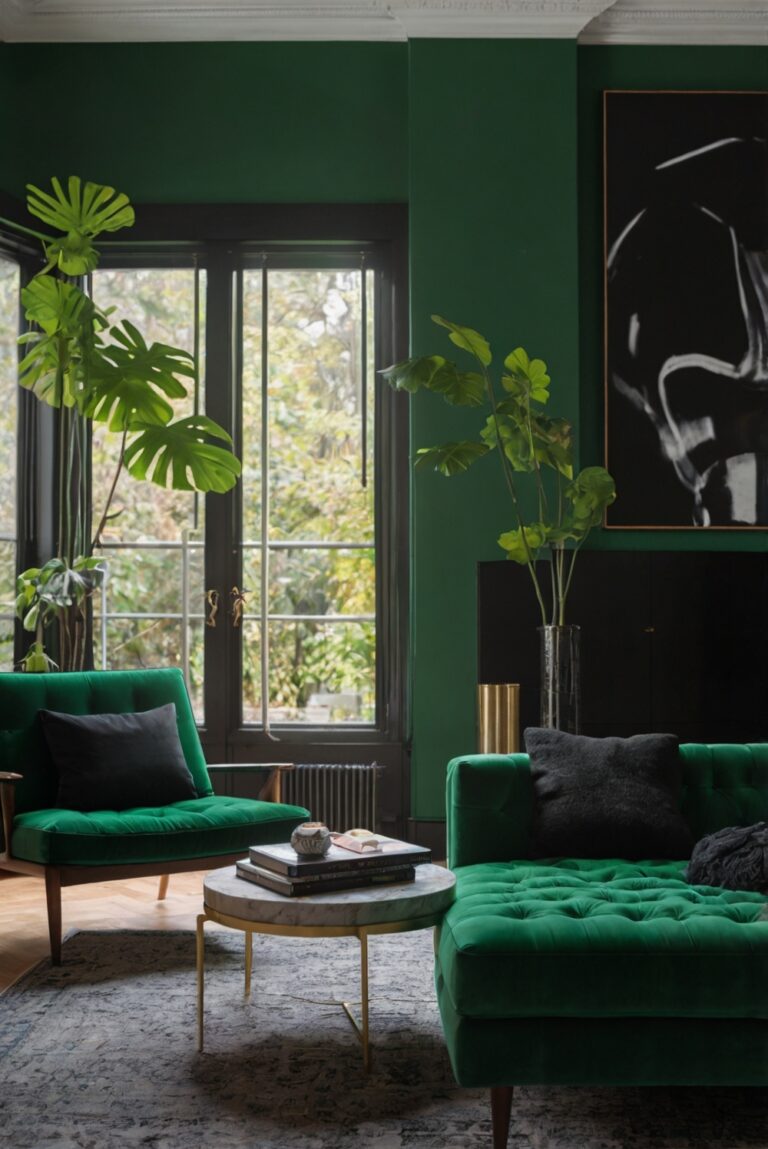 What are some ideas for a living room featuring green and black accents?