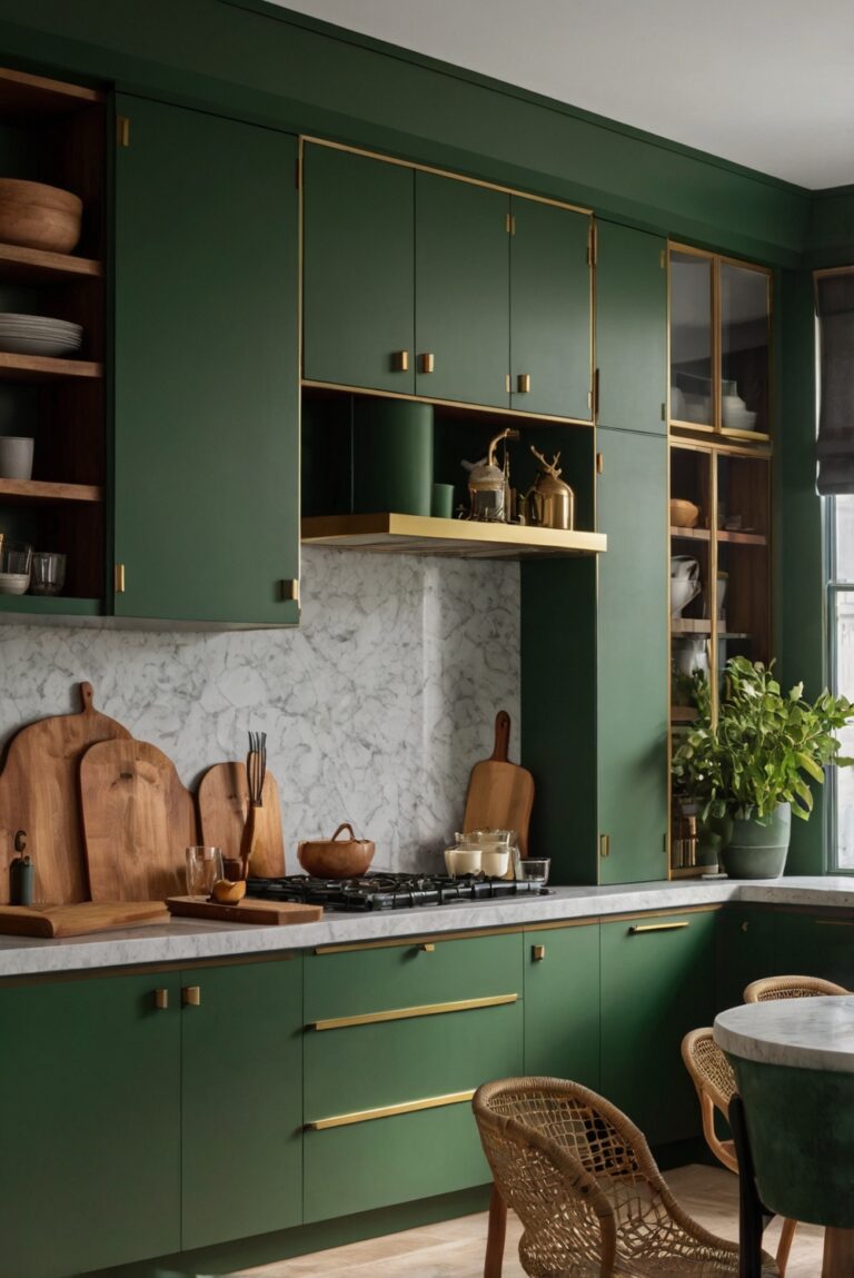 What are some ideas for using green in the kitchen, especially with brass handles?