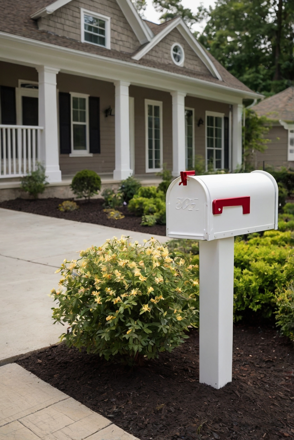 Sherwin Williams paint, Sherwin Williams white, modern mailbox, flower bed, white trim, modern home decor, exterior design.