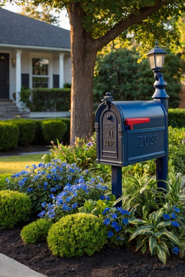 Stunning Mailbox Flower Bed with Blue and Green Plants.