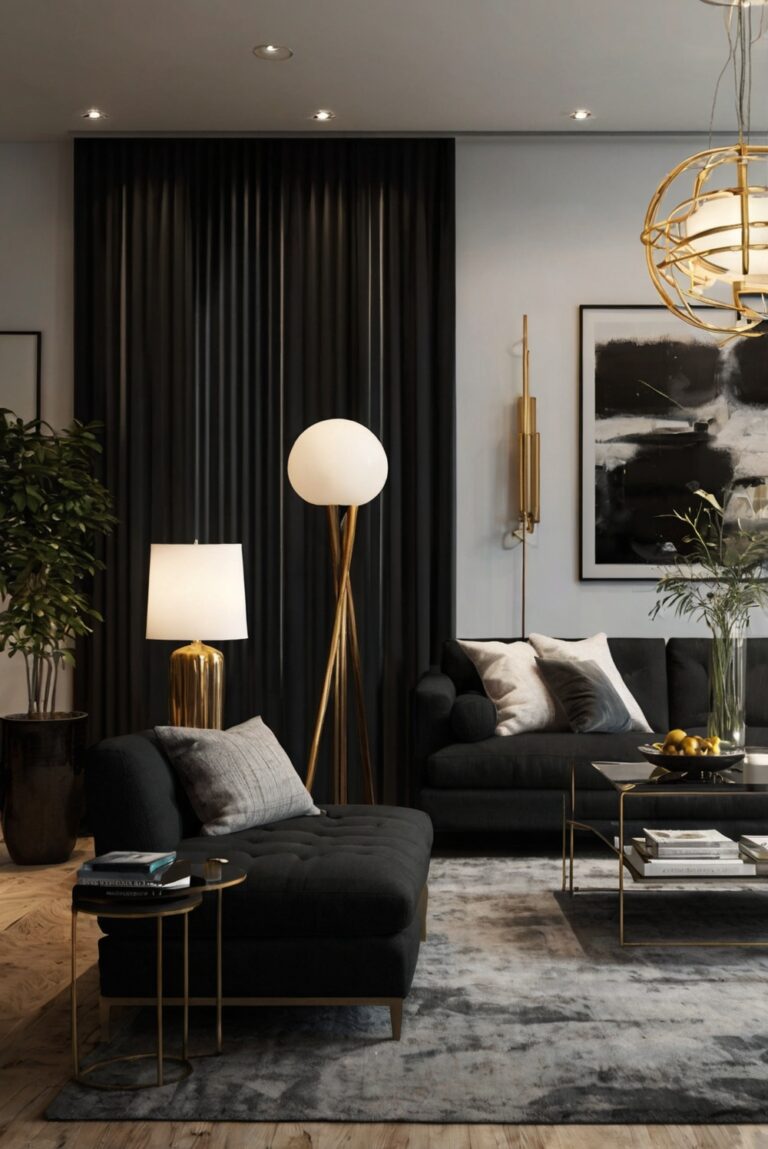 black living room decor, modern black furniture, minimalist black design, chic black decor, contemporary black style