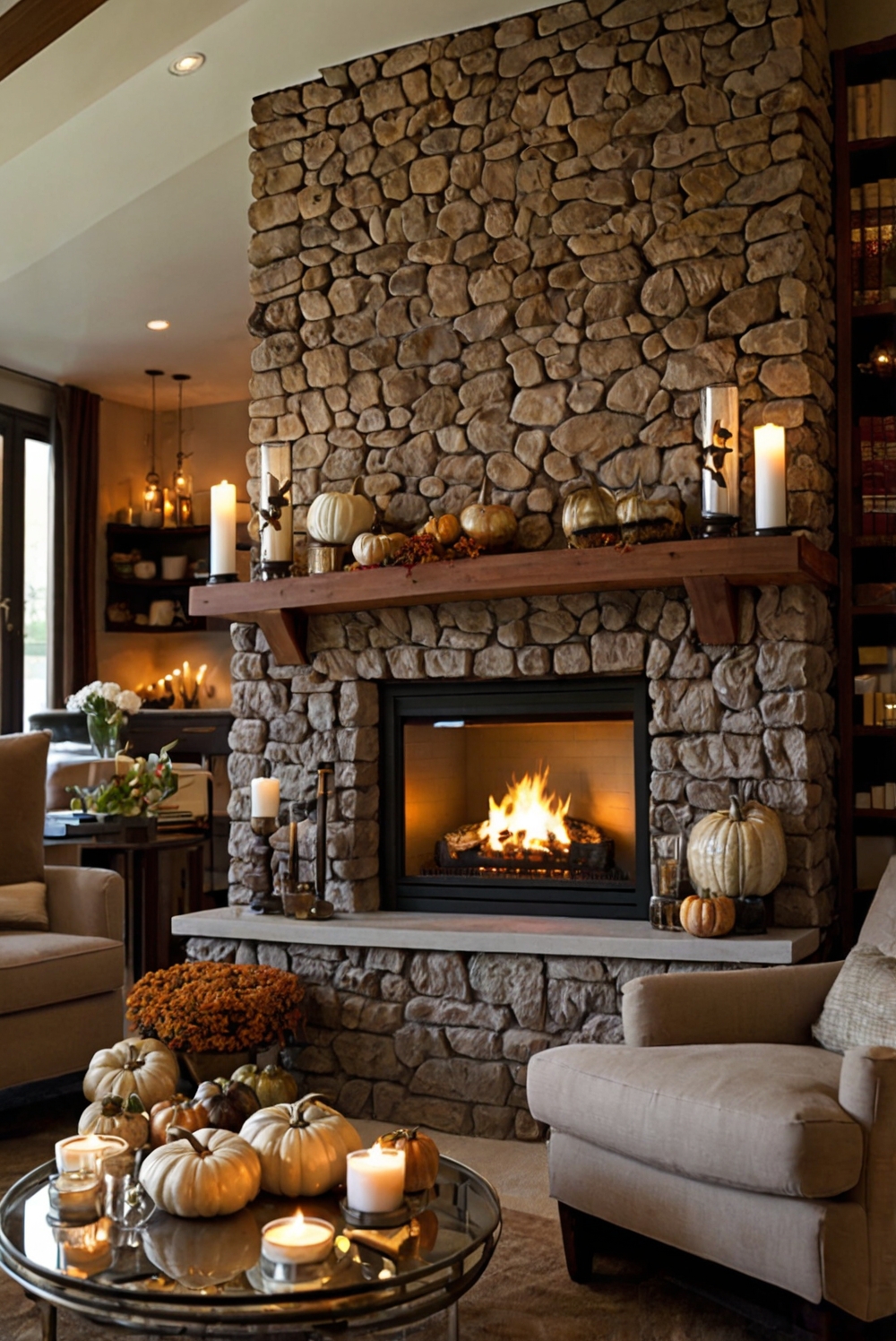 autumn fireplace decor, fall mantle decorating, cozy living room styling, rustic fireplace design, seasonal home styling