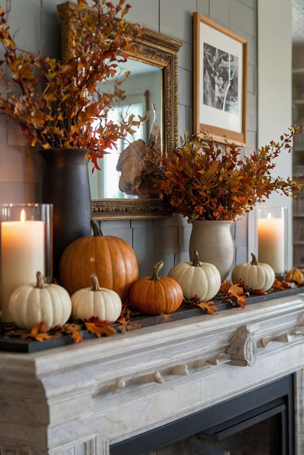 fall mantel decor, autumn fireplace styling, seasonal mantle ideas, cozy autumn decor, rustic fireplace decor