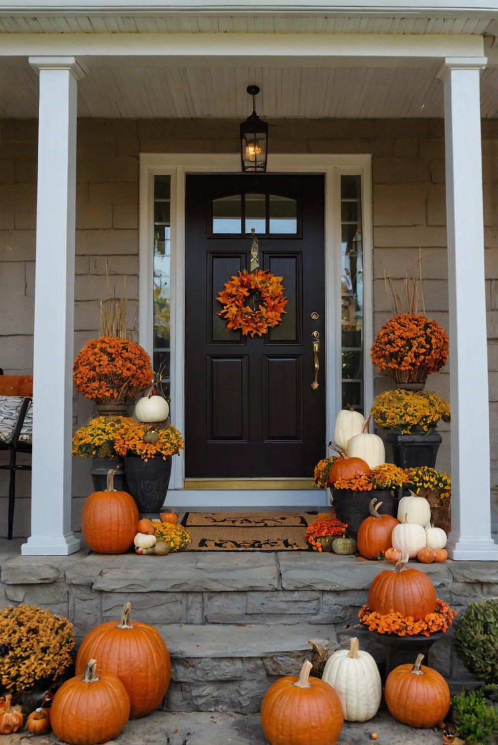 fall porch decor, autumn porch decor, seasonal porch decorating, festive front porch, rustic fall porch