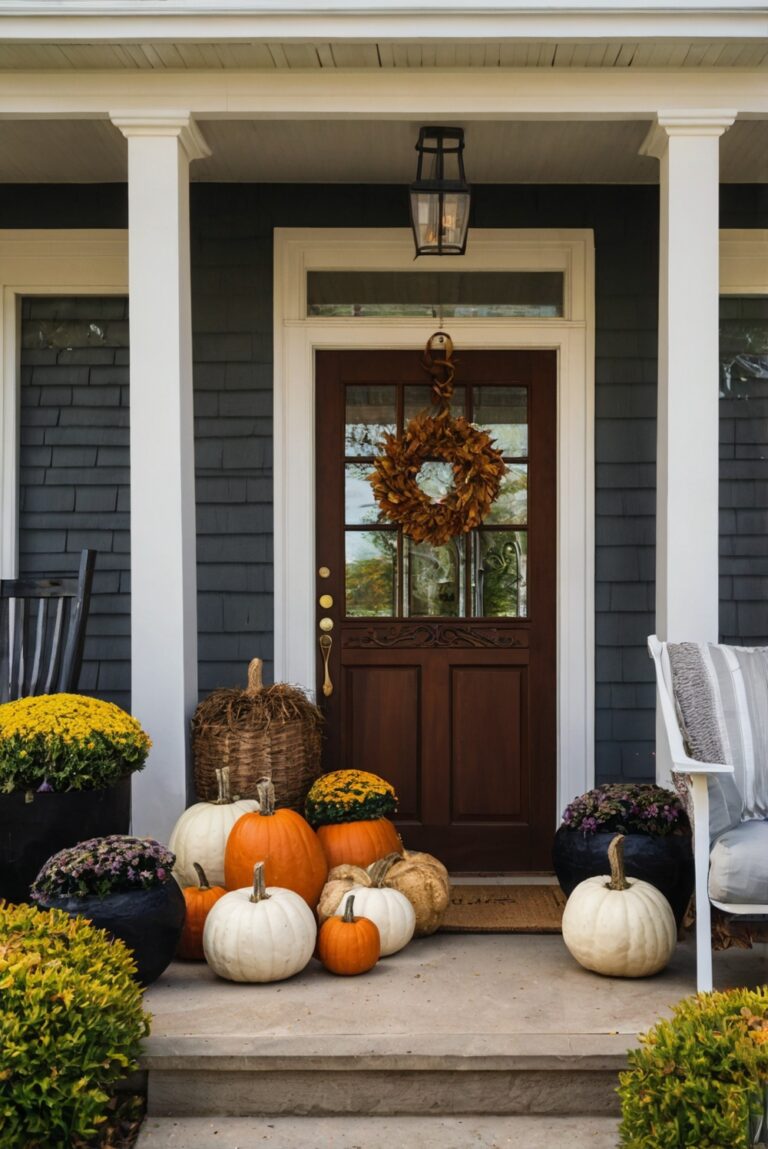 Autumn front porch decor, fall entryway ideas, seasonal porch decorations, outdoor fall accents, stylish fall entrance