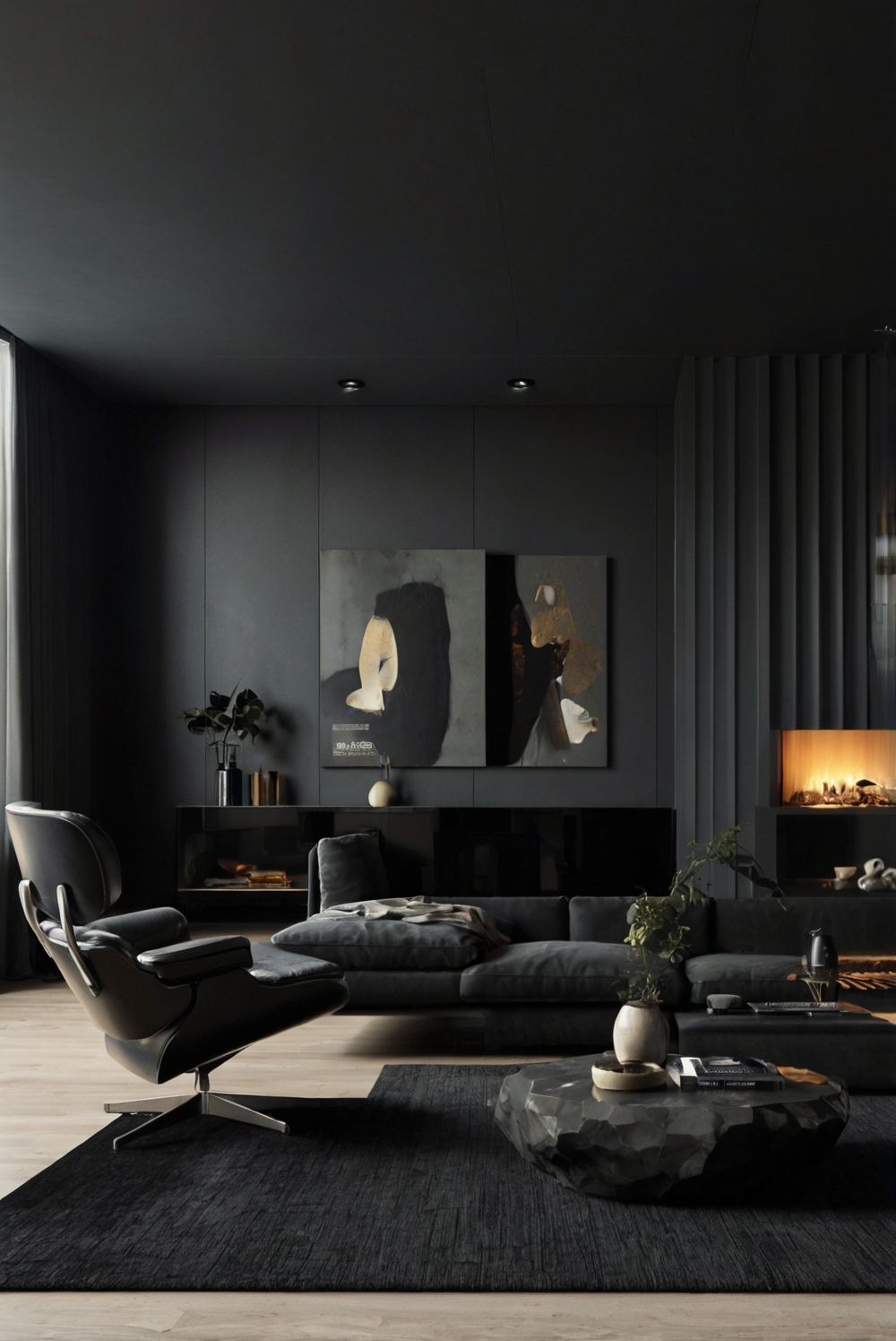 modern living room, black decor, interior design ideas, contemporary furniture, minimalist decor, sleek interiors