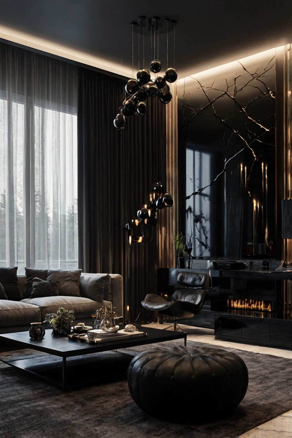 black living room decor, modern living room furniture, black and white decor, contemporary furniture, elegant living room design