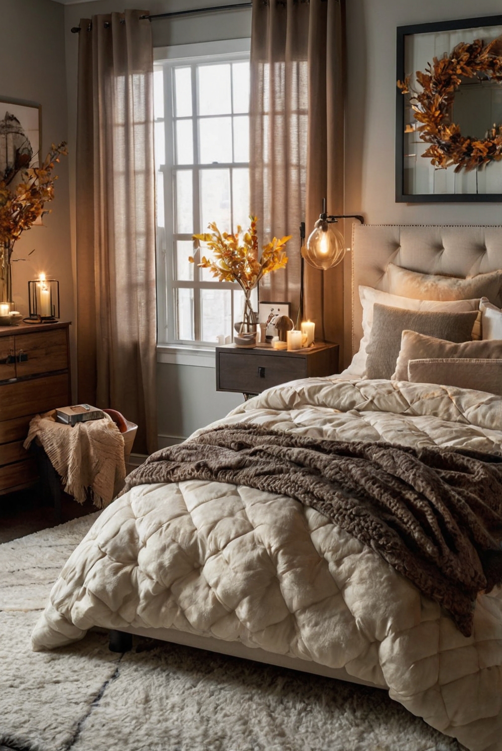 fall bedroom decor, autumn bedroom decor, cozy bedroom decor, seasonal bedroom decor, fall-themed bedroom