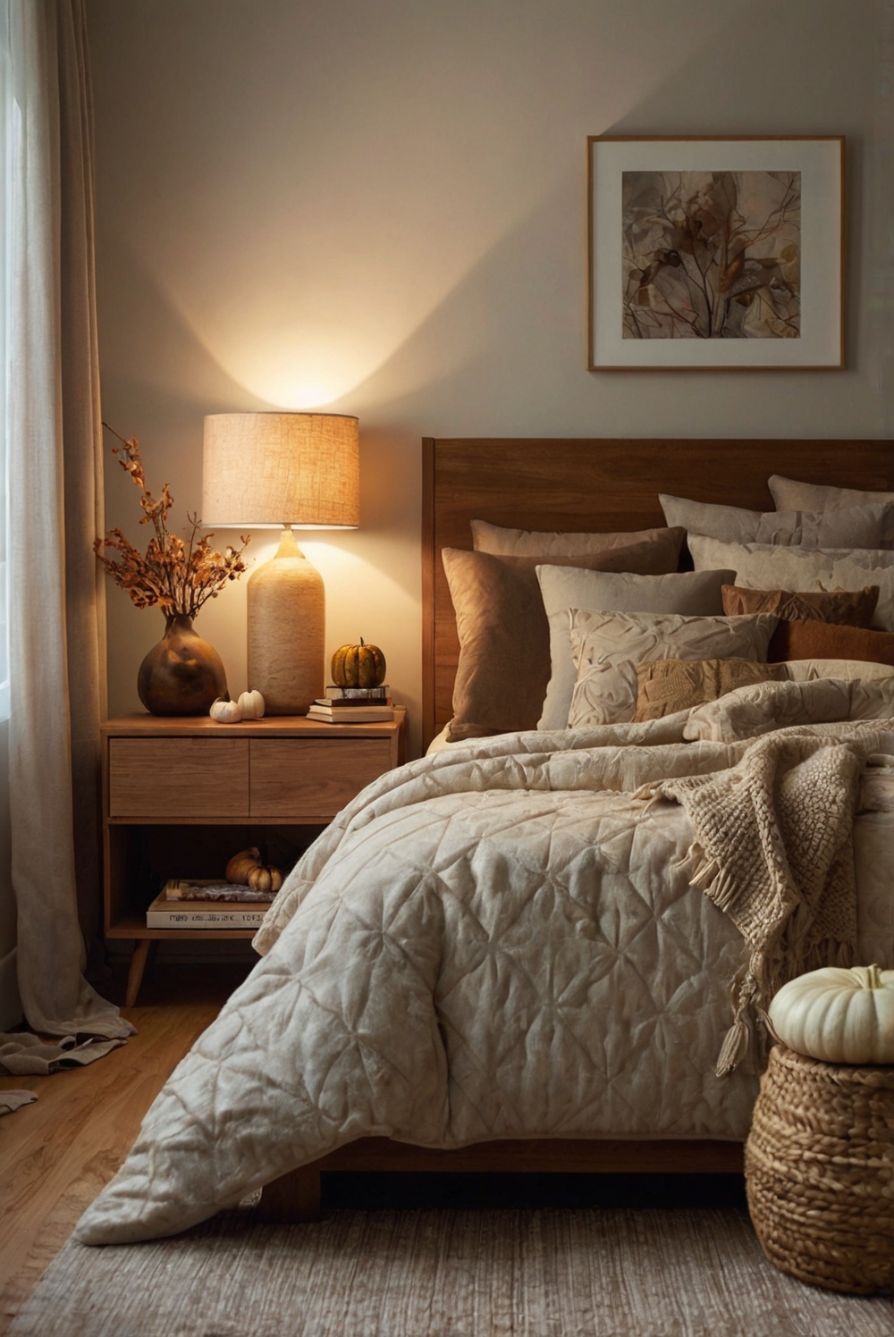 Fall Bedroom Decor, Cozy Bedroom Design, Autumn Bedroom Ideas, Seasonal Bedroom Styling, Comfortable Bedroom Aesthetics