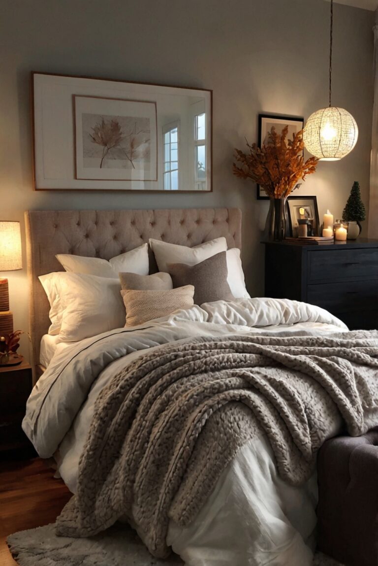 cozy bedroom decor, warm bedroom design, inviting bedroom atmosphere, rustic bedroom vibes, comfortable bedroom style