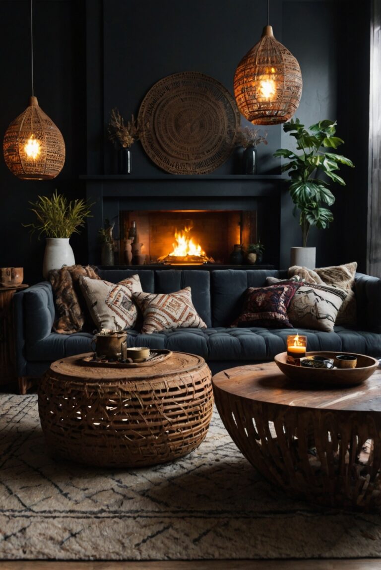 Bohemian interior design, Dark living room decor, Eclectic home decor, Stylish boho chic, Moody interior design