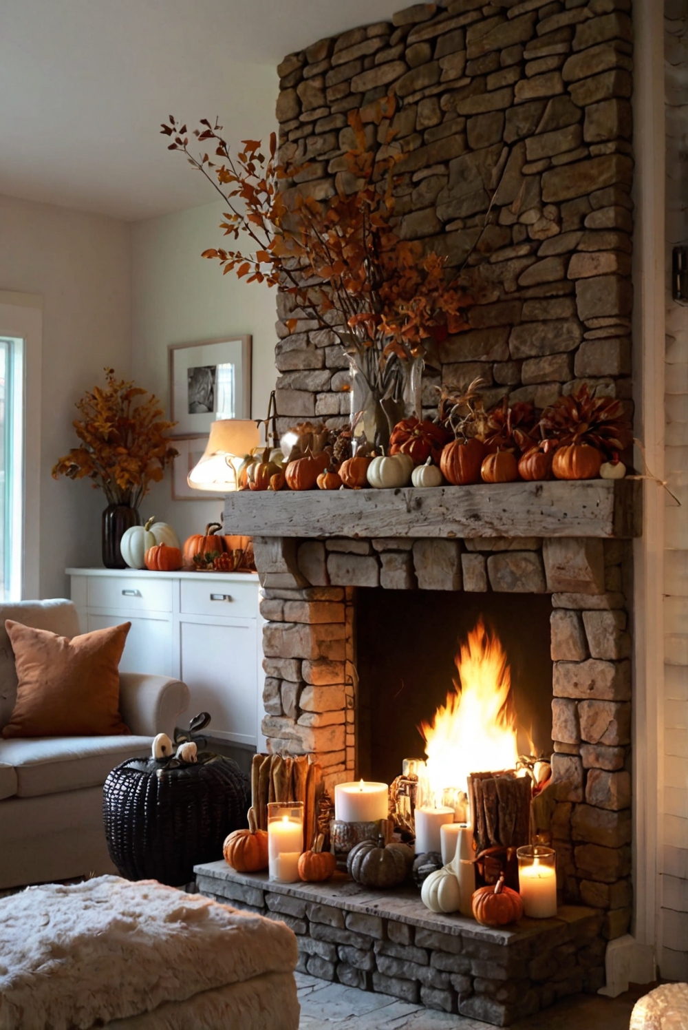 decorative fireplace mantels, autumn hearth decor, cozy fire side design, seasonal fireplace styling, fall mantle decor