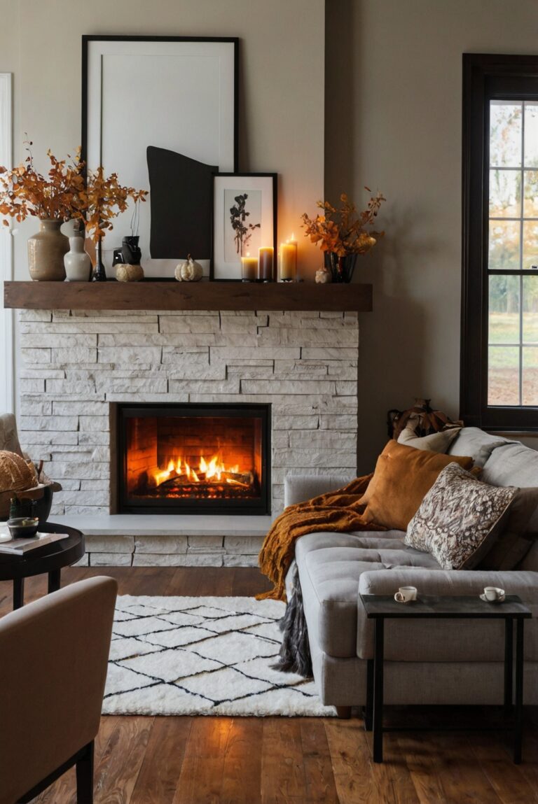 fireplace mantel decor, autumn mantel decor, cozy fireplace decor, fall mantel ideas, autumn mantle decorating