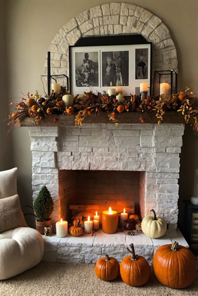 fall fireplace mantel decor, autumn hearth ideas, cozy fireplace mantles, rustic fall hearth, seasonal fireplace inspiration