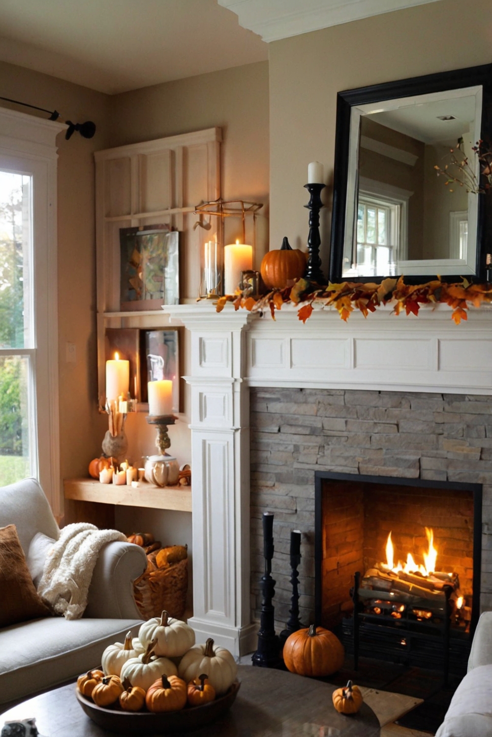 Fall mantel decor, cozy home accessories, autumn fireplace decoration, seasonal home accents, warm fall accents, fall-inspired home accessories