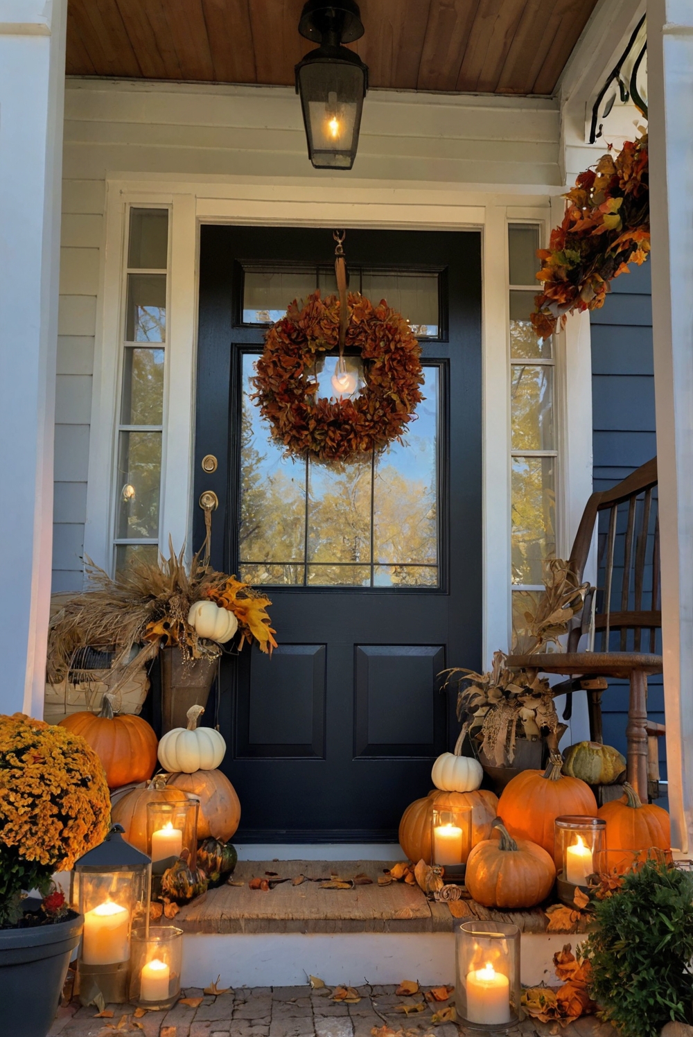 Fall porch decor, cozy outdoor space, outdoor fall decor, fall wreaths, fall pumpkins