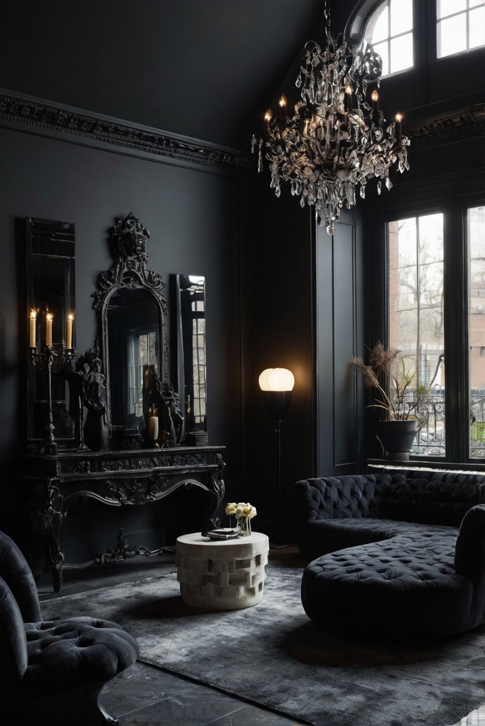 goth decor, gothic furniture, dark aesthetic, dramatic home design, moody interior