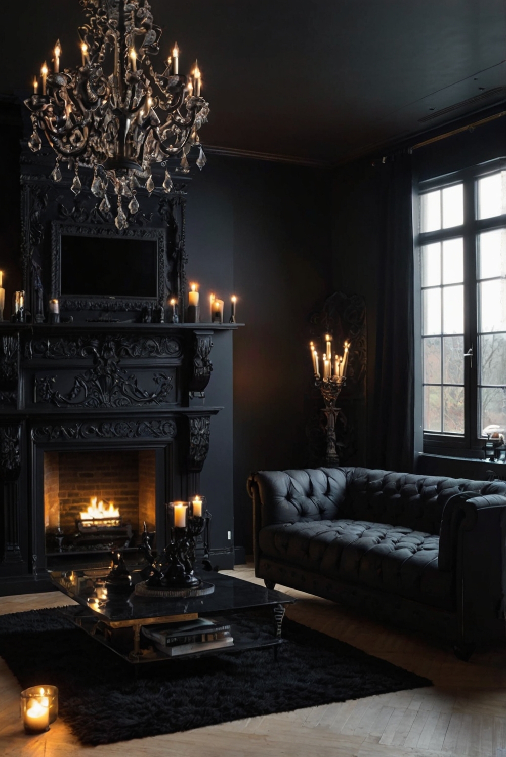 dark living room decor, gothic home decor ideas, alternative living room design, goth room inspiration, black home decor