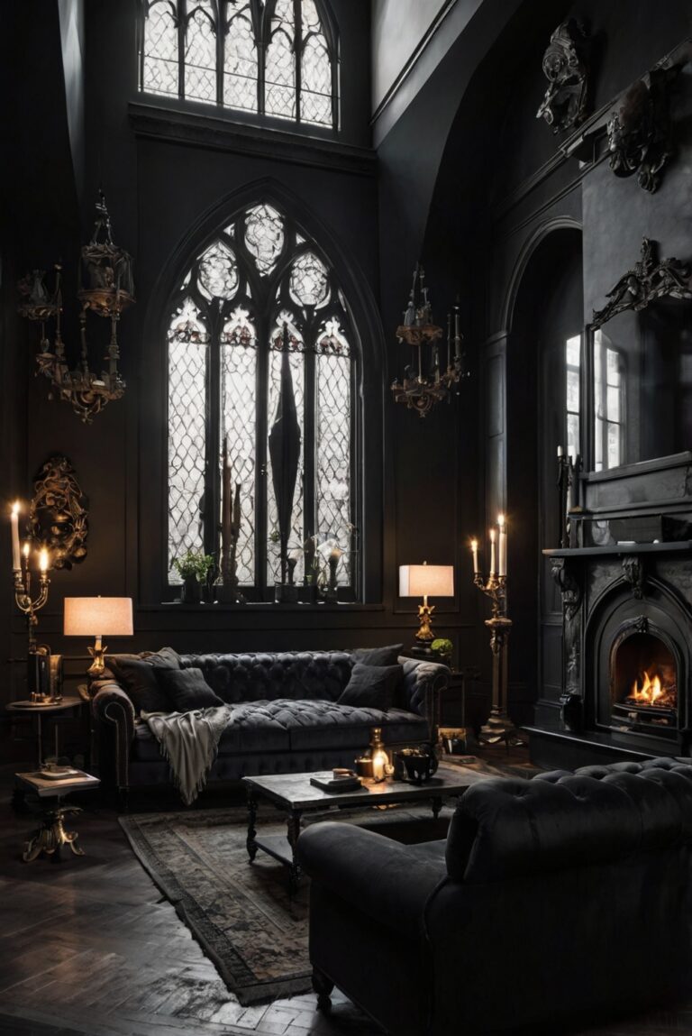 gothic home decor, dark interior design, dramatic living spaces, gothic style interiors, moody home decor