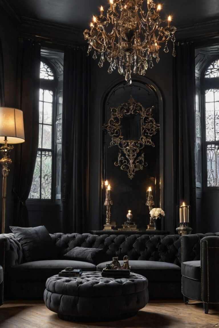 gothic home decor, dark furniture, dramatic interior design, gothic theme, grandiose decor