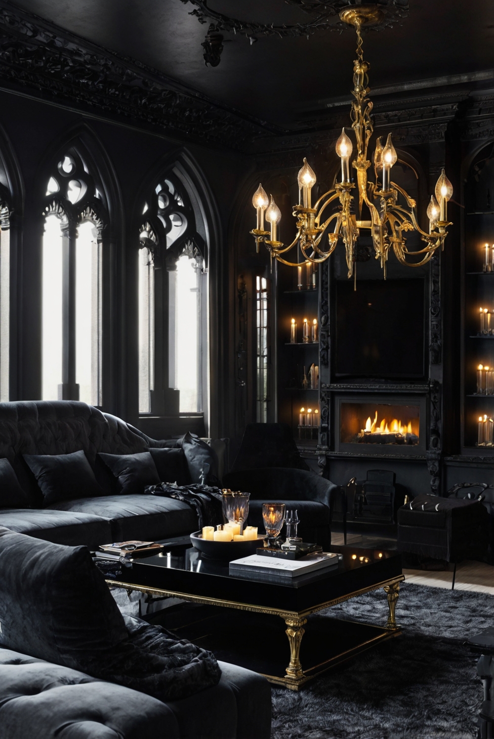 gothic living room decor, bold living room design, gothic home decor, dramatic wallpaper, gothic accents