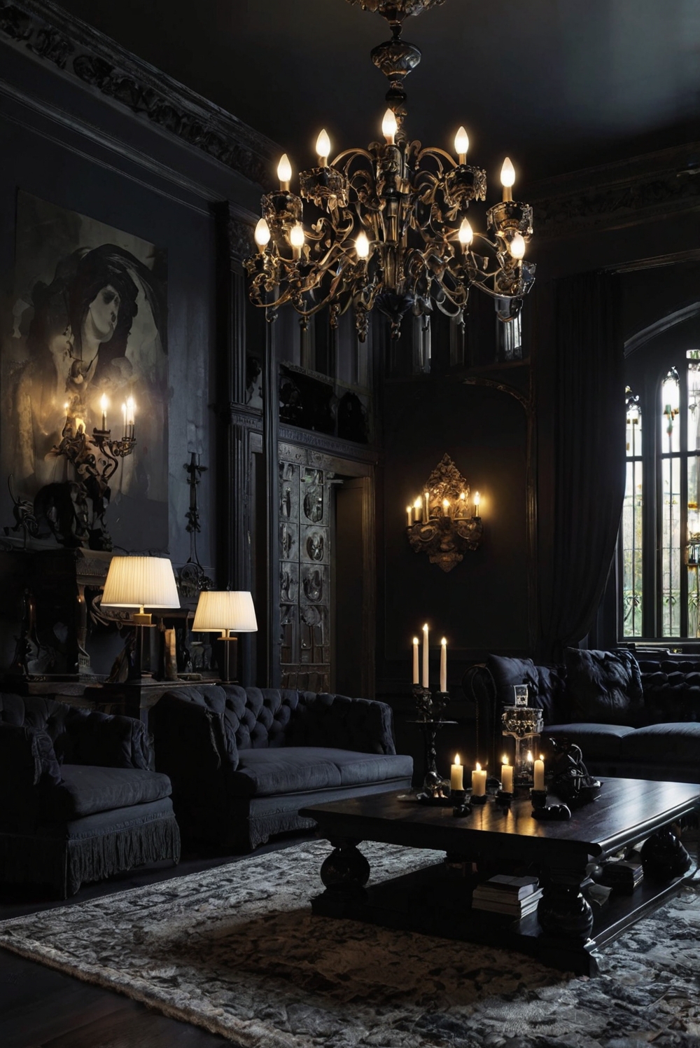 gothic home decor,gothic interior design,edgy home design,dark living room,bold statement