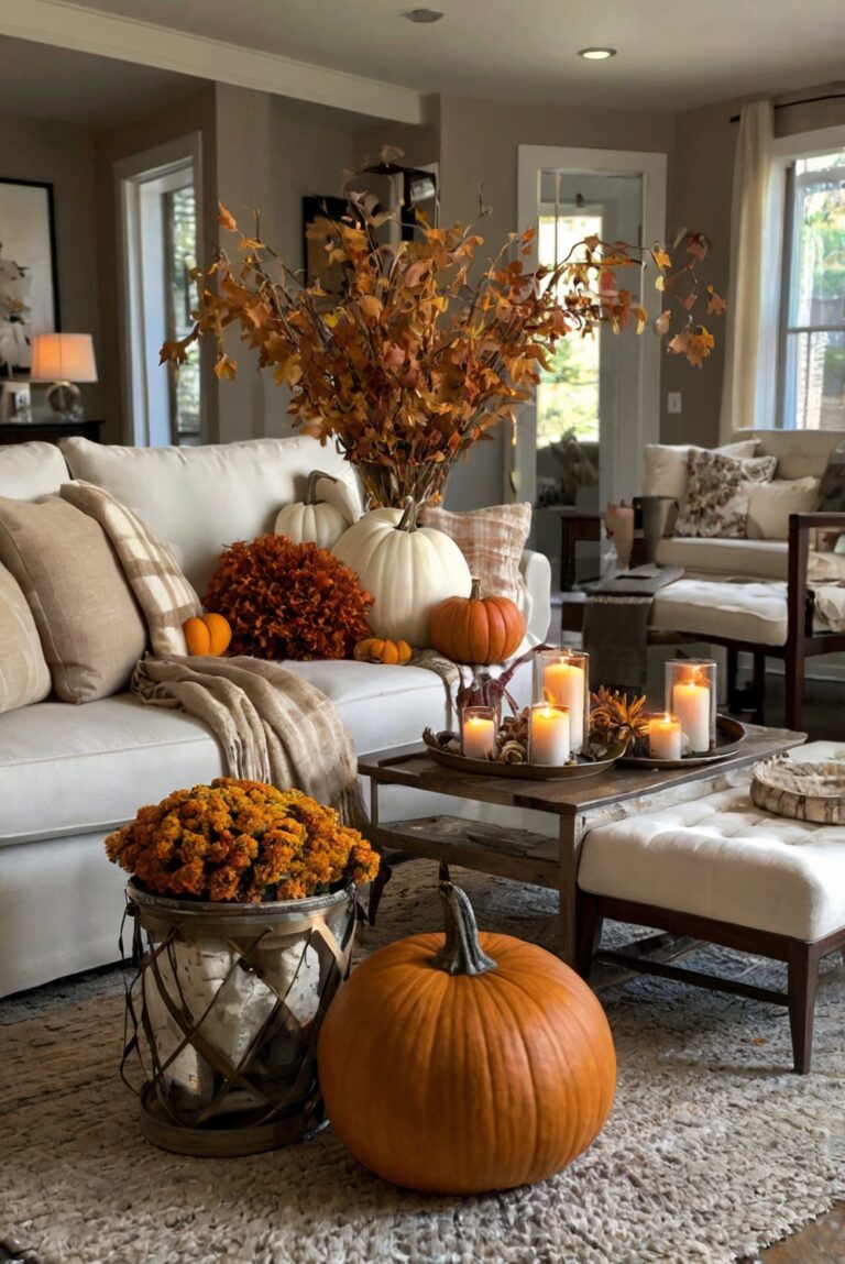 fall decorating ideas, autumn home accessories, cozy living room decor, seasonal living room makeover, autumn color palette