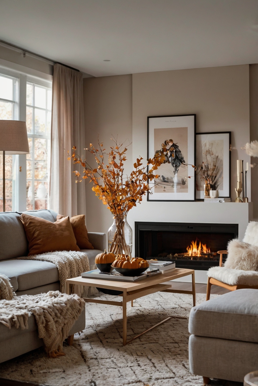 Autumn living room decor, Cozy home design, Fall interior styling, Seasonal home decoration, Warm living room ambiance