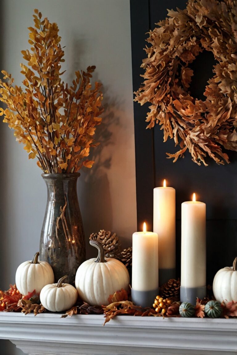 fall mantel decor, cozy fall home, autumn mantel ideas, fireplace decoration, seasonal home decor