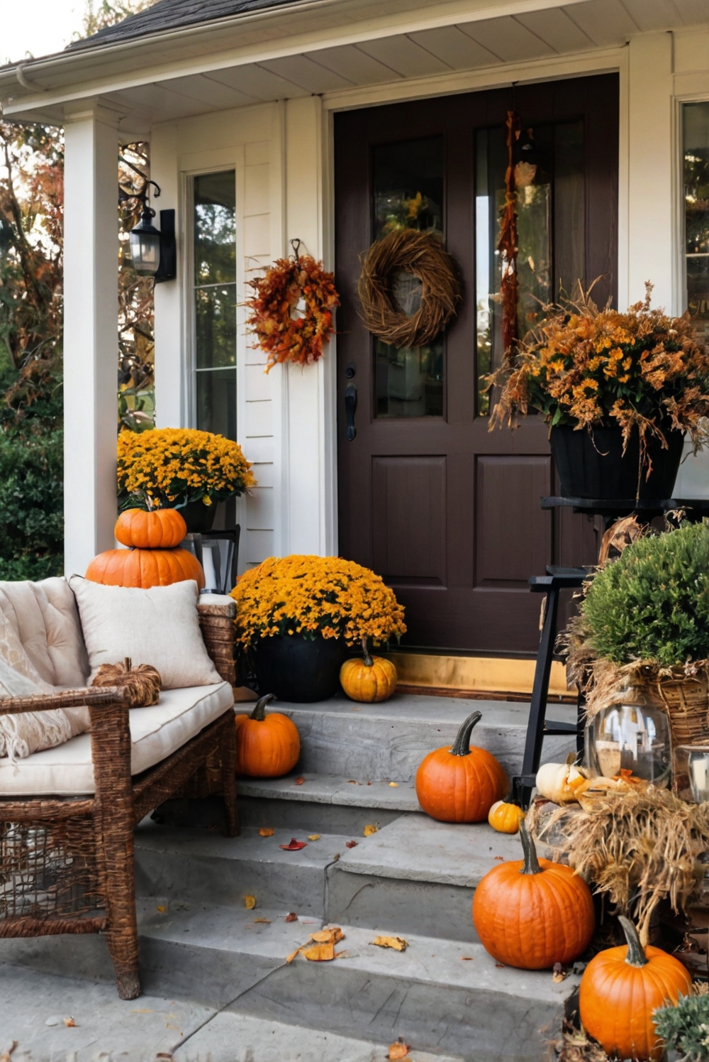 Porch decor, fall wreaths, outdoor pillows, autumn garland, seasonal porch decor