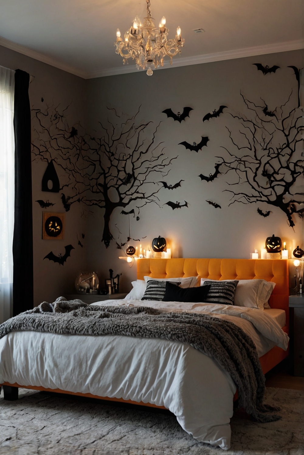 Halloween bedroom decor, festive room, Halloween decorations, spooky bedroom, Halloween-themed bedroom, Halloween decor ideas