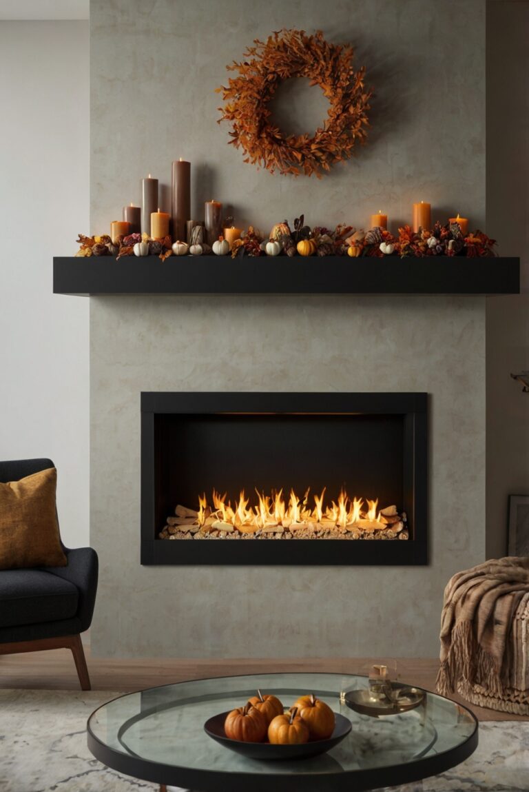 fireplace decor, fall decor, autumn decor, cozy living room, mantel decorations, home decor